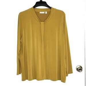 Susan Graver Liquid Knit Top 2X Faux Tie Detail Long Sleeve Gold Office Career